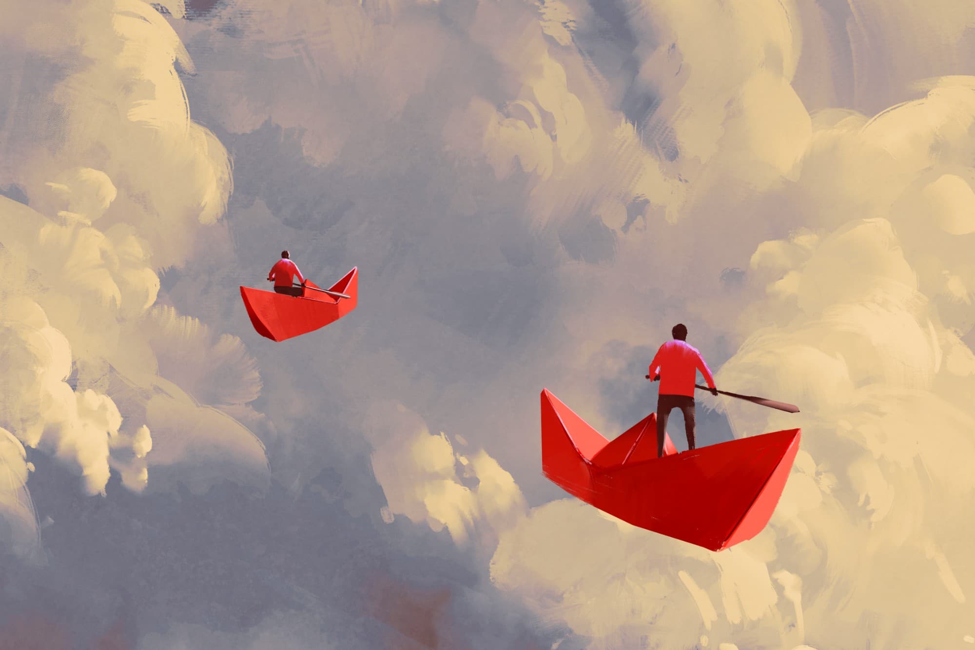 Two people rowing red paper boats through a sky of clouds